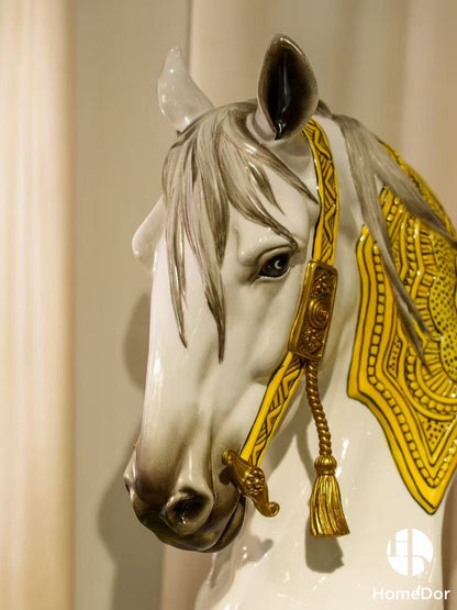 Art Deco Horse Head Sculpture with Enamel Detailed Saddle & Geometric Porcelain Base2