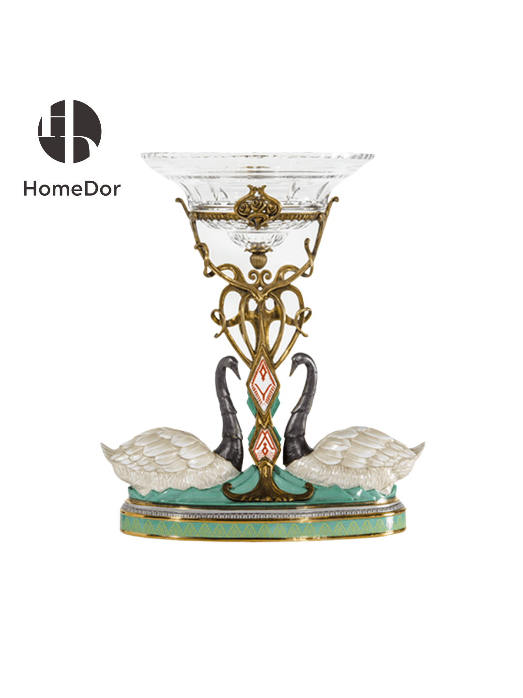 HomeDor Art Deco Inspired Crystal Fruit Bowl with Hand Painted Swans & Brass Enamel Accents-L34cm X W48cm X H55cm-
