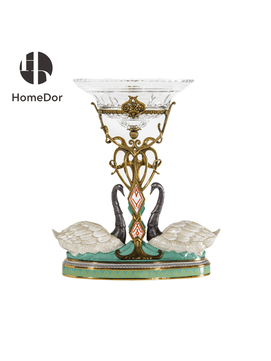 HomeDor Art Deco Inspired Crystal Fruit Bowl with Hand Painted Swans & Brass Enamel Accents-L34cm X W48cm X H55cm-