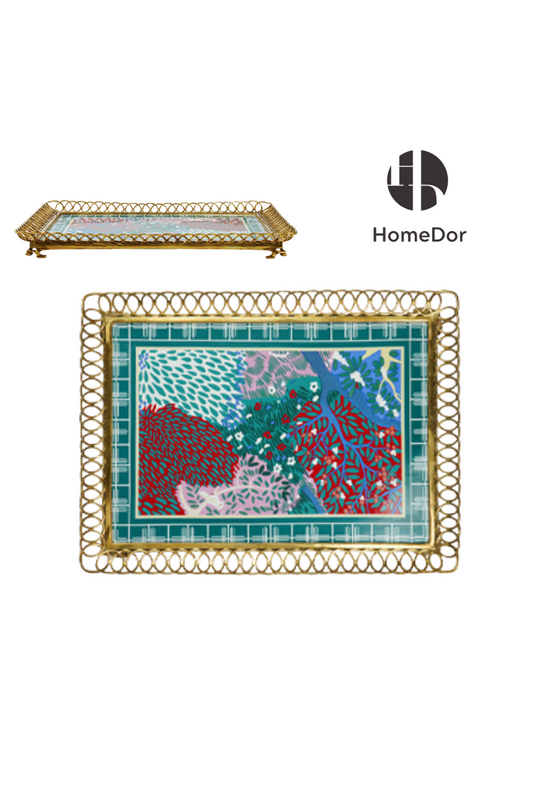 Art Deco Style Brass Framed Colorful Porcelain Tray