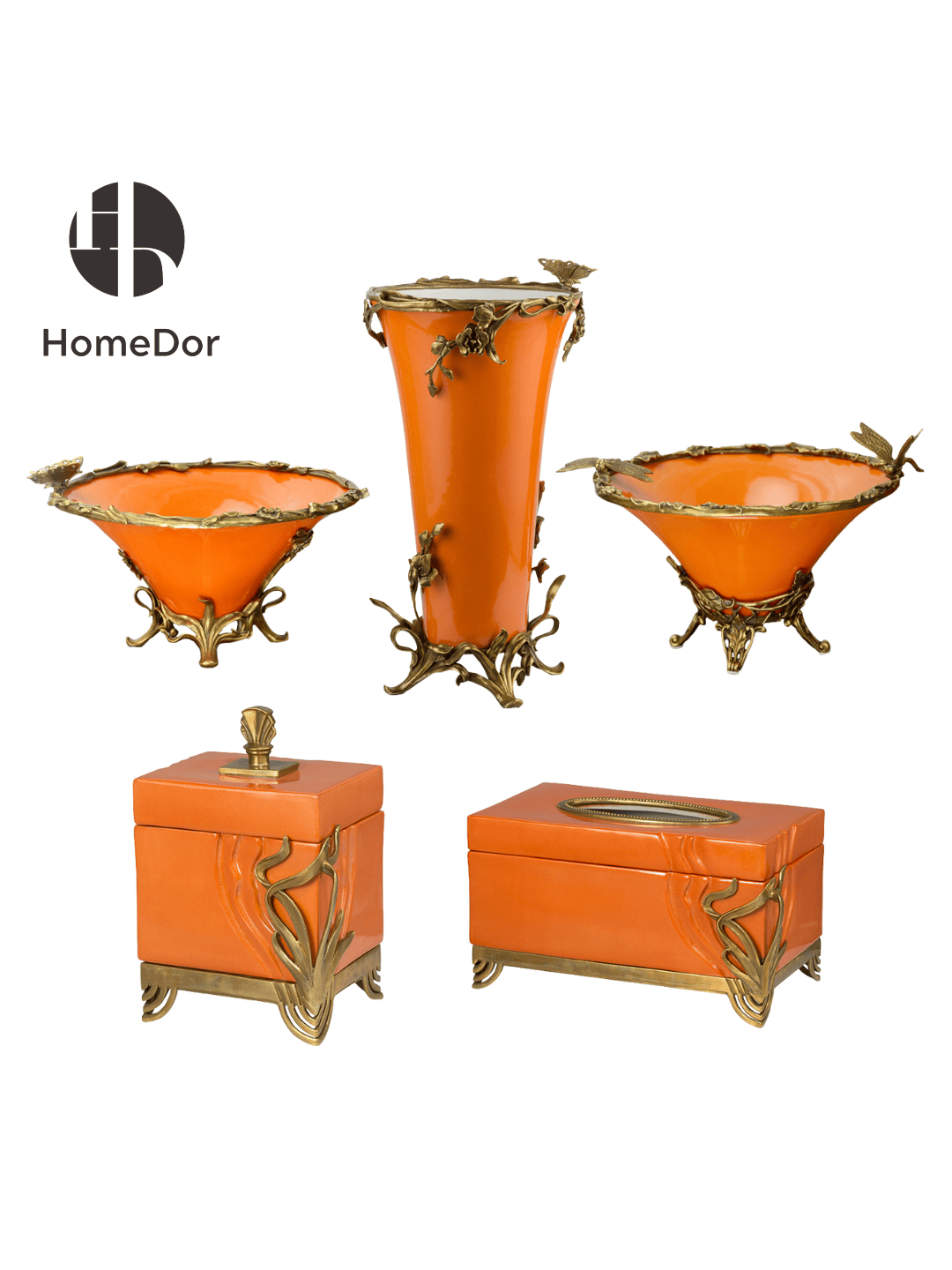 Art Nouveau Orange Porcelain Decor Set with Brass Botanical Accents1