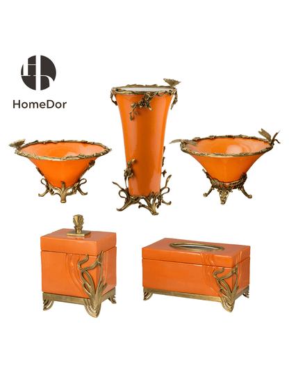 Art Nouveau Orange Porcelain Decor Set with Brass Botanical Accents1