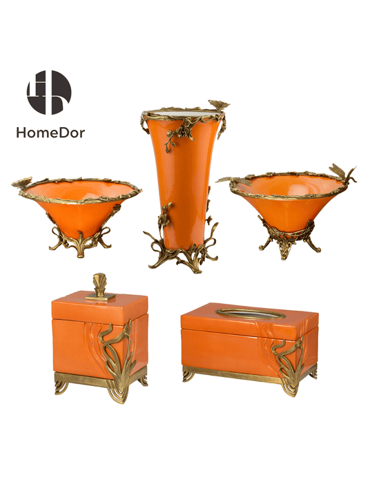 Art Nouveau Orange Porcelain Decor Set with Brass Botanical Accents1