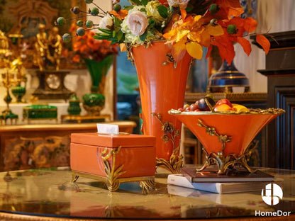 Art Nouveau Orange Porcelain Decor Set with Brass Botanical Accents1