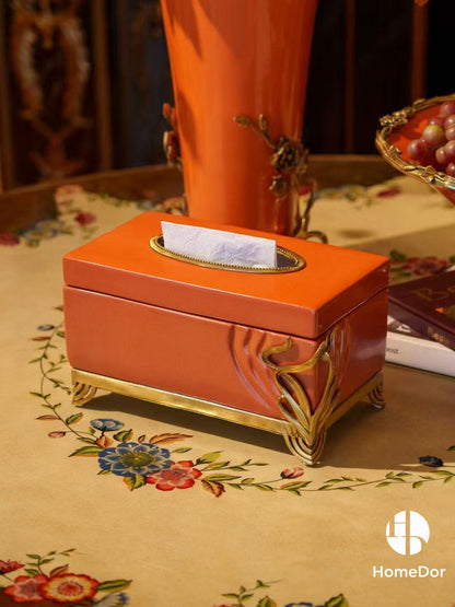 Art Nouveau Orange Porcelain Decor Set with Brass Botanical Accents6