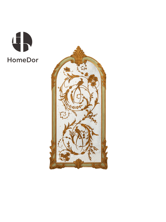 Artisan Crafted Golden Trimmed Wood - Mirror Wall Decor with Intricate Floral and Bird Elements