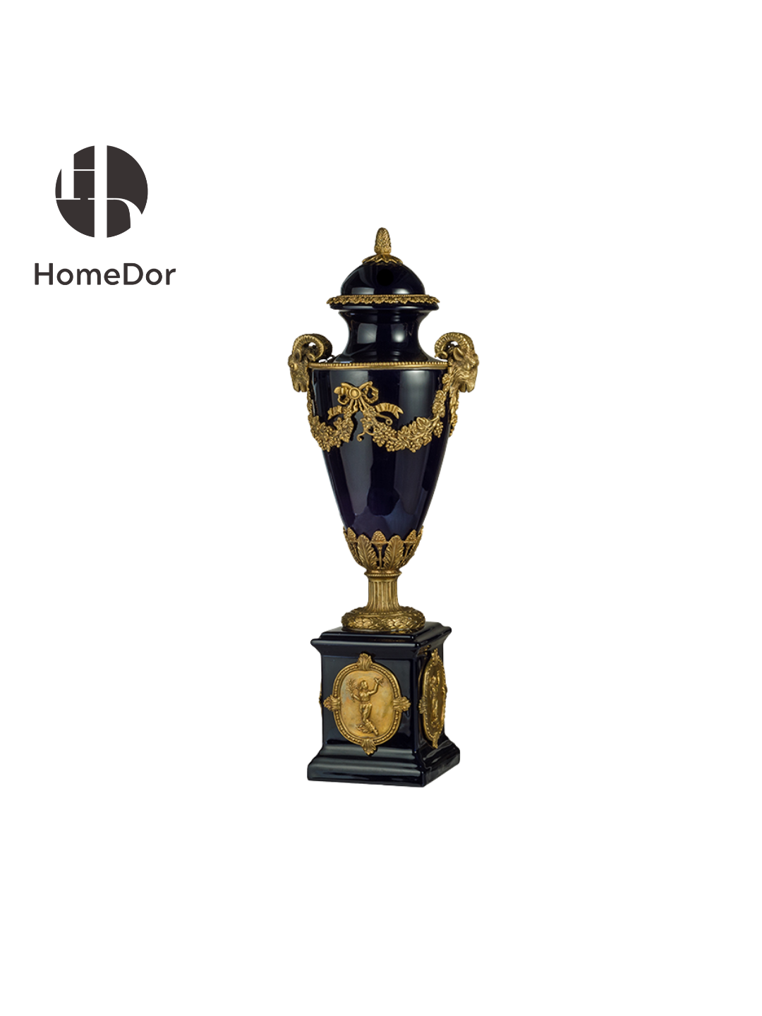 Artistic Black Porcelain Trophy Urn/Table Decor with Brass Ram Head Details