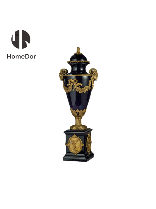Artistic Black Porcelain Trophy Urn/Table Decor with Brass Ram Head Details