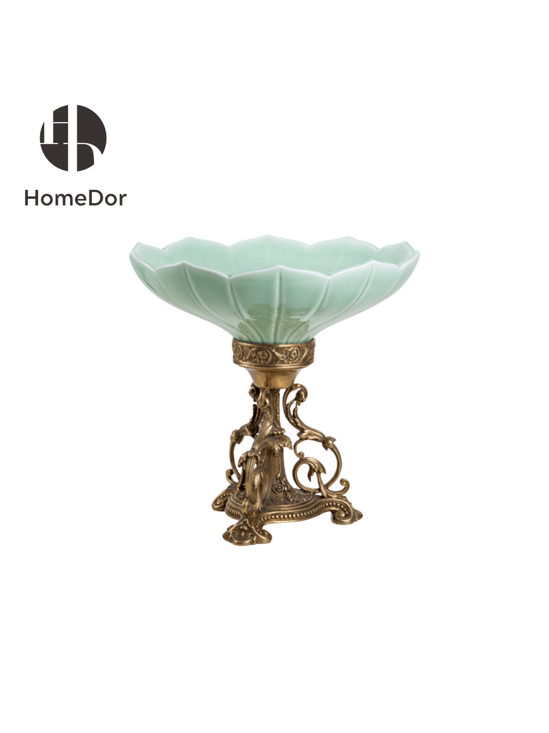 Artistic Celadon Porcelain Decorative Compote with Distinctive Ornate Brass Base