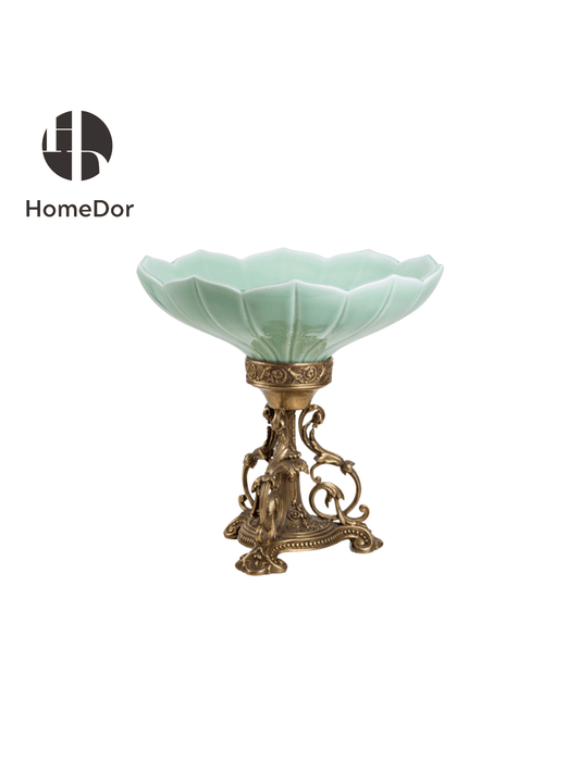 Artistic Celadon Porcelain Decorative Compote with Distinctive Ornate Brass Base