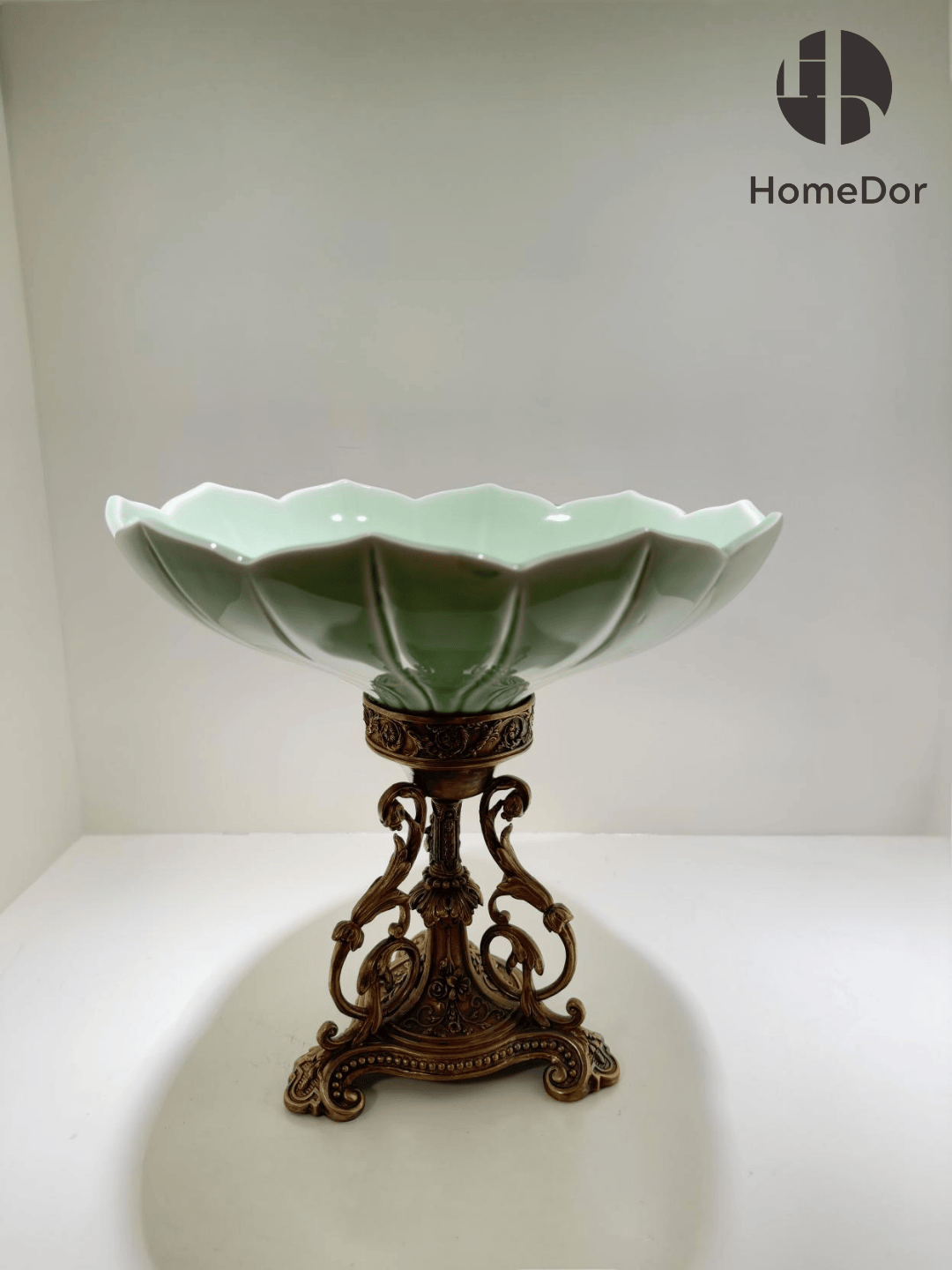 HomeDor-Artistic Celadon Porcelain Decorative Compote with Distinctive Ornate Brass Base-L33cm × W33cm × H32cm-
