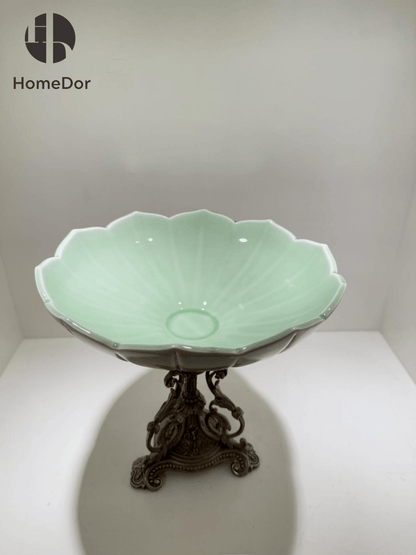 Artistic Celadon Porcelain Decorative Compote with Distinctive Ornate Brass Base
3