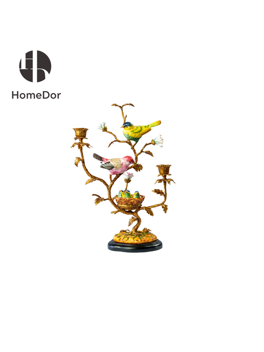 Artistic Ceramic Bird & Flower Candelabra with Copper Branches & Nest Accents