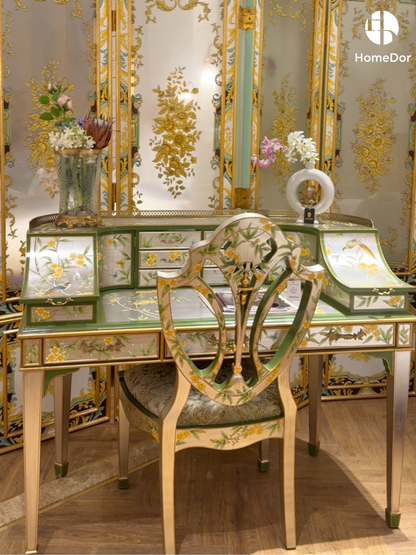 Adorned with silver and gold hand-painted floral and bird motifs