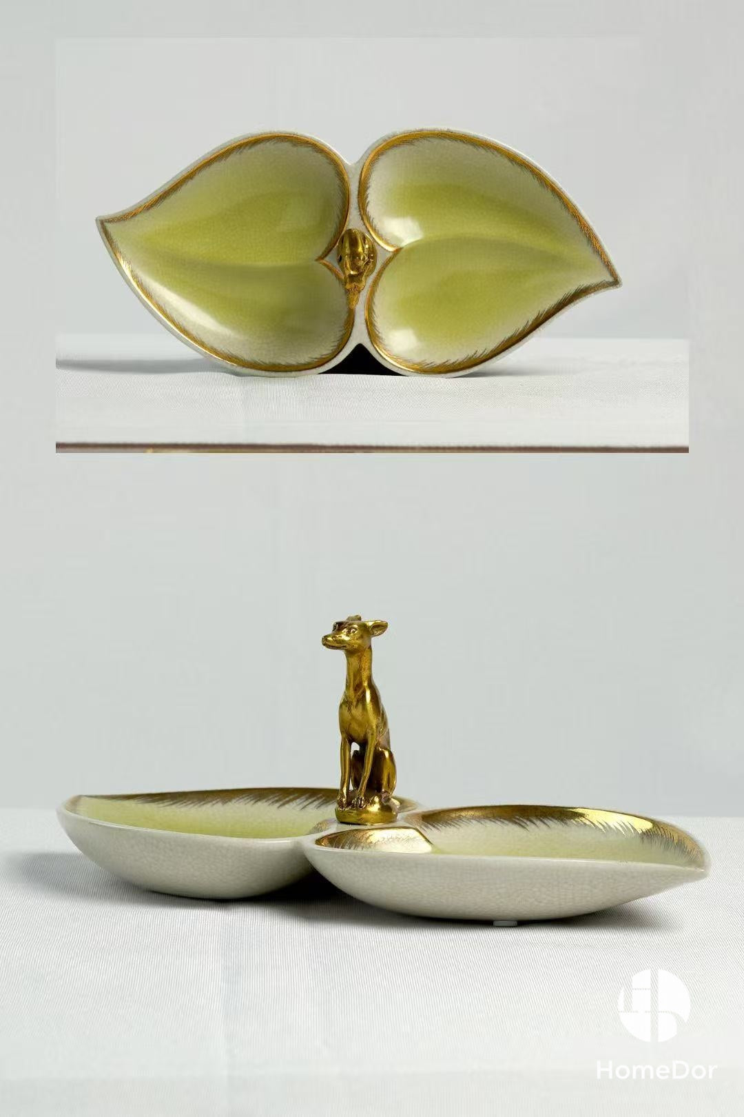 Artistic Double-Petal Fruit Platter with Brass Dog Sculpture1