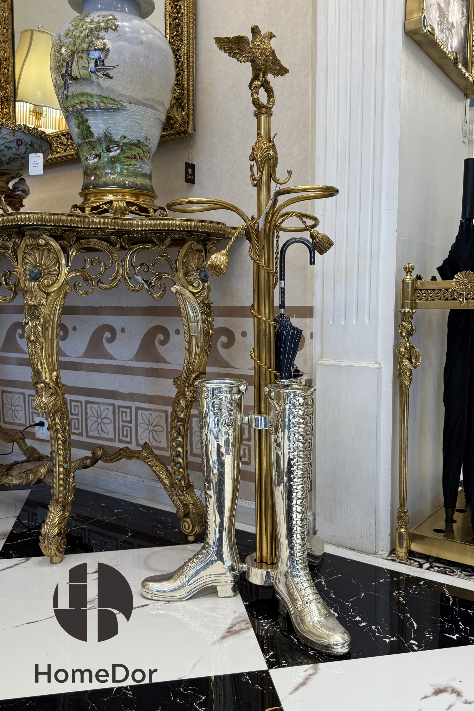 Artistic Eagle Topped Brass Silver Boot Umbrella Stand 