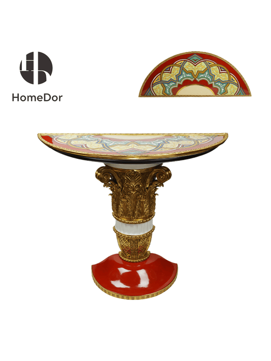Artistic Half Moon Side/End Table with Brass Embellished Column & Colorful Patterns
