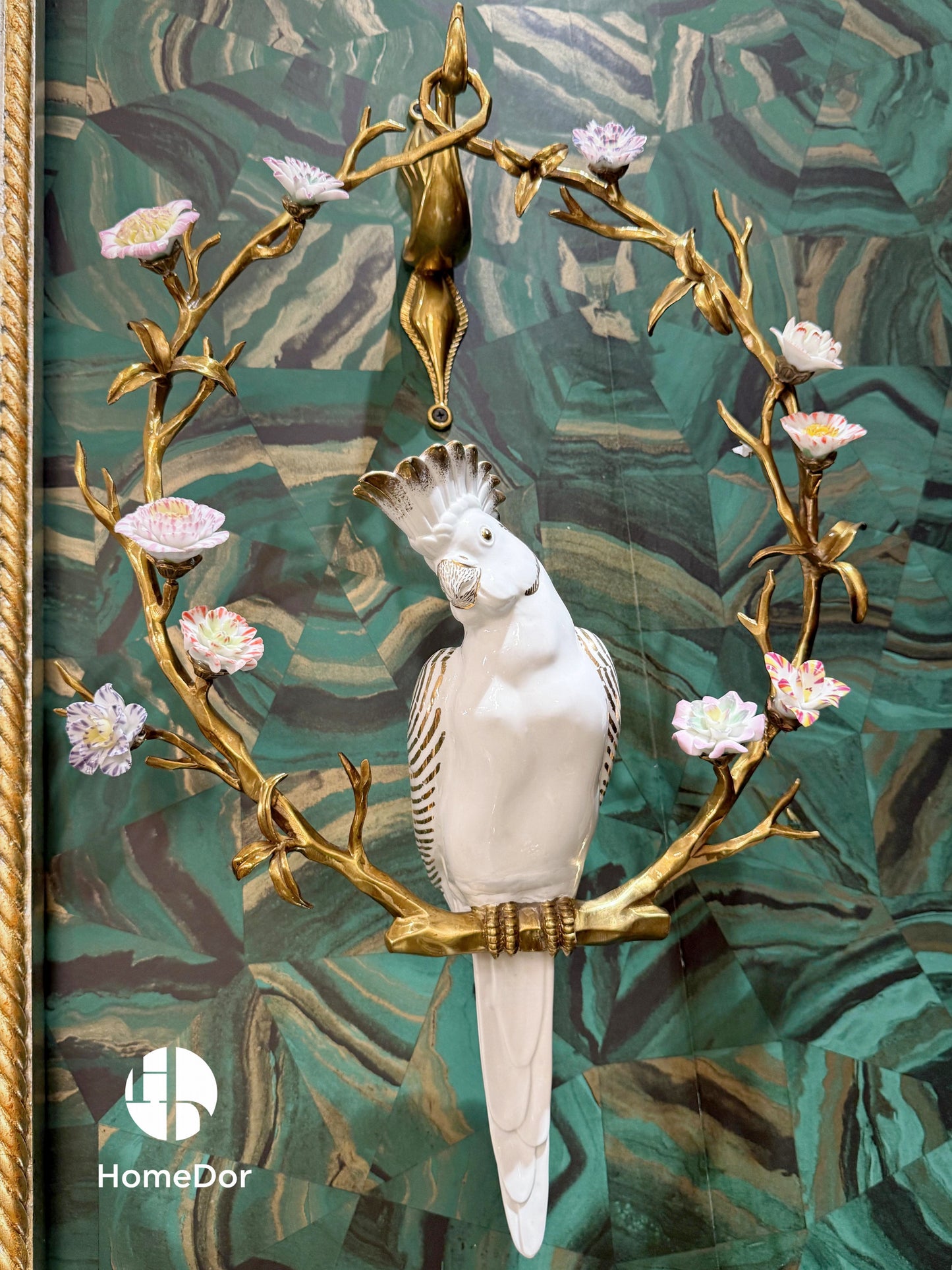  Artistic Hanging Wall Decor ofWhite Parrot Perched on Floral Hoop 