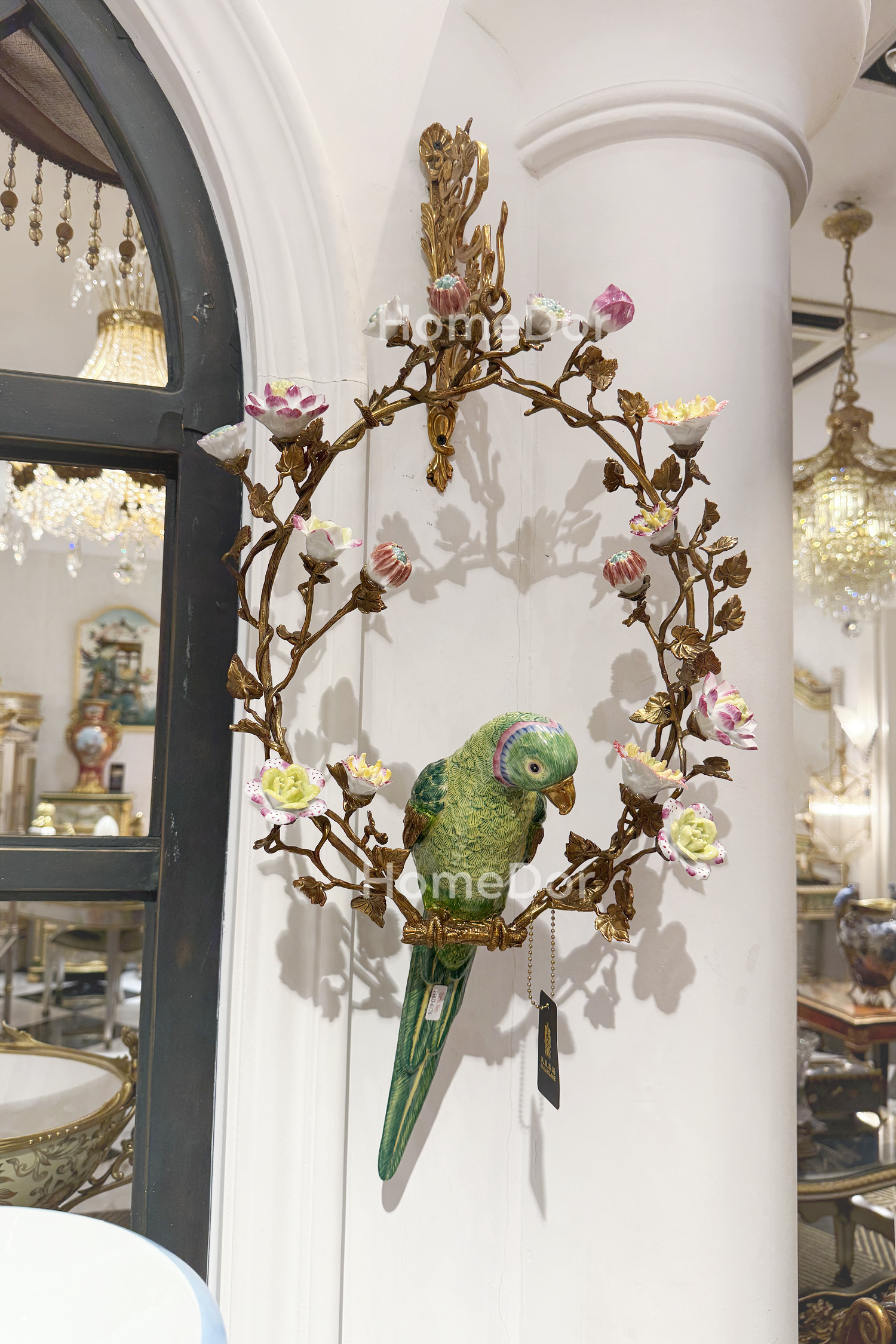 Artistic Hanging Wall Decor of Parrot Perched on Floral Hoop