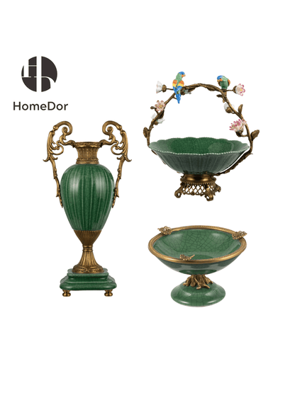 Artistic Lush Green Crackle Porcelain Table Decor Set with Brass Embellishments