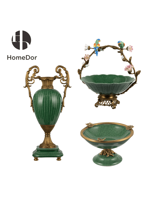 Artistic Lush Green Crackle Porcelain Table Decor Set with Brass Embellishments