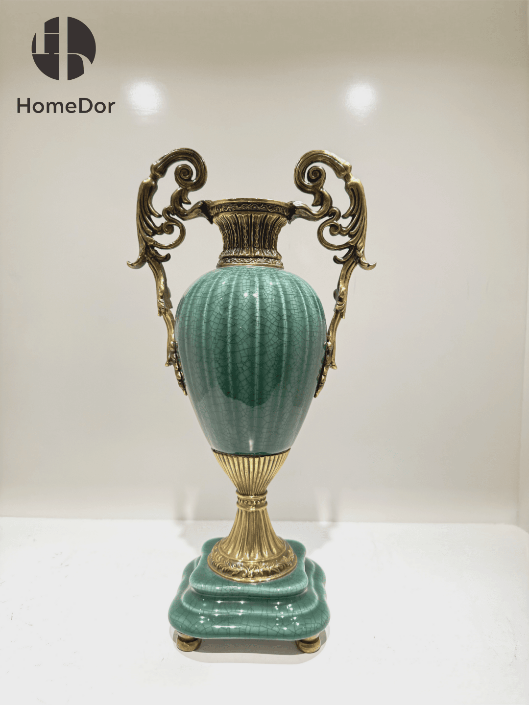 Artistic Lush Green Crackle Porcelain Table Decor Set with Brass Embellishments5