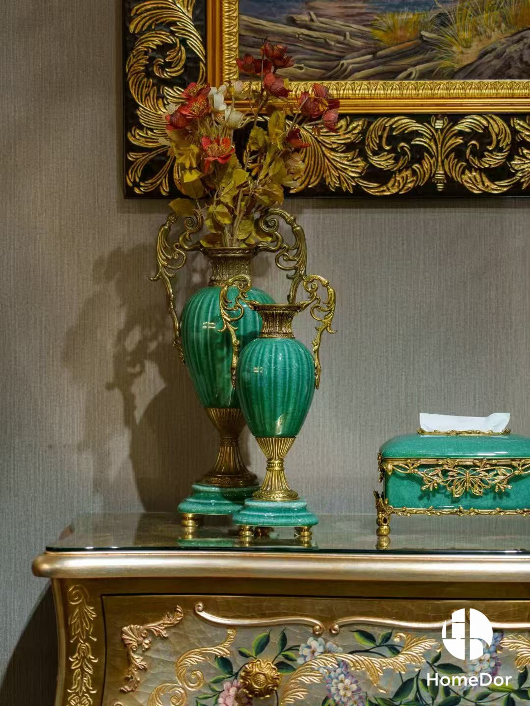 Artistic Lush Green Crackle Porcelain Table Decor Set with Brass Embellishments
7