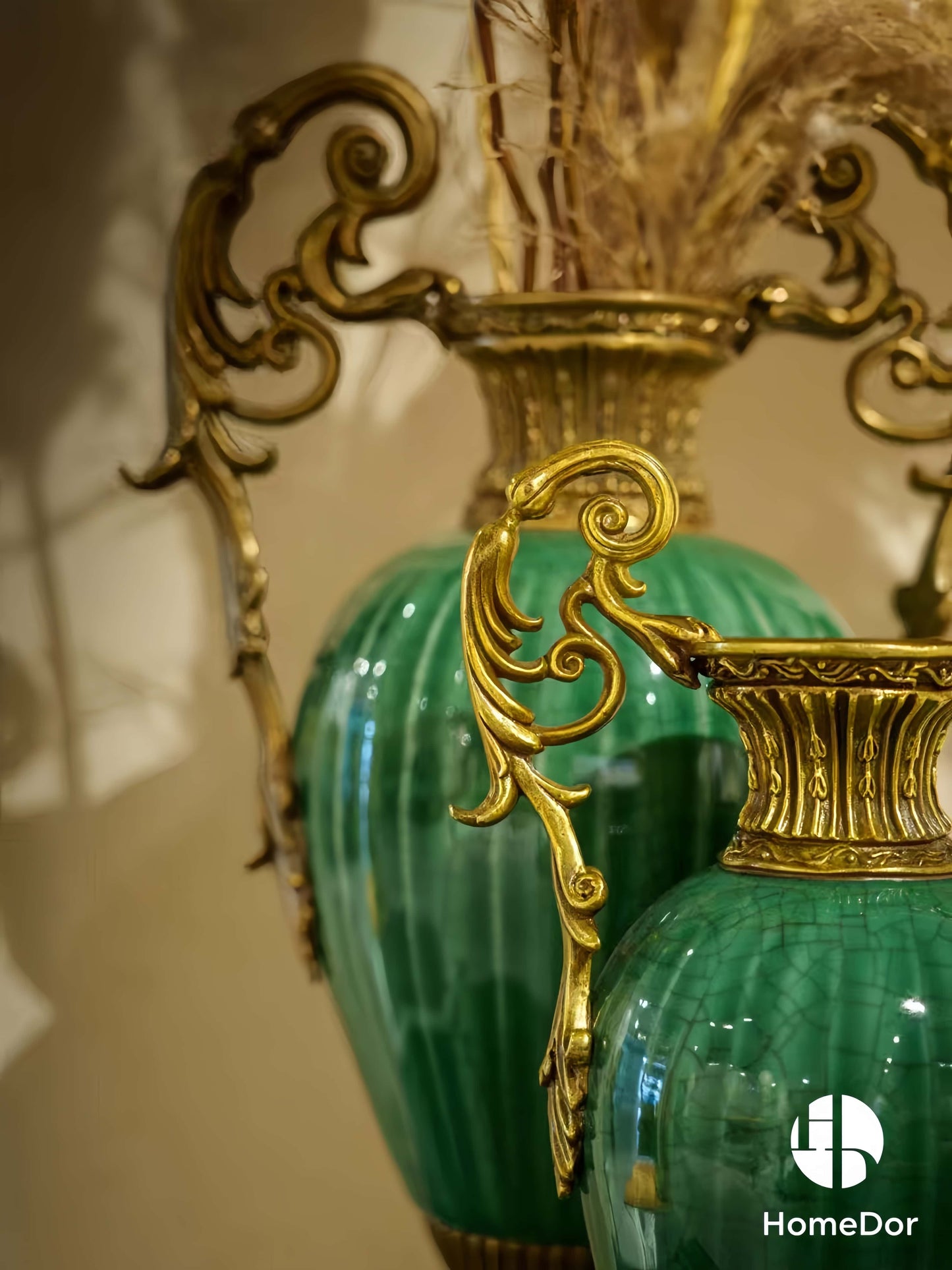Artistic Lush Green Crackle Porcelain Table Decor Set with Brass Embellishments8
