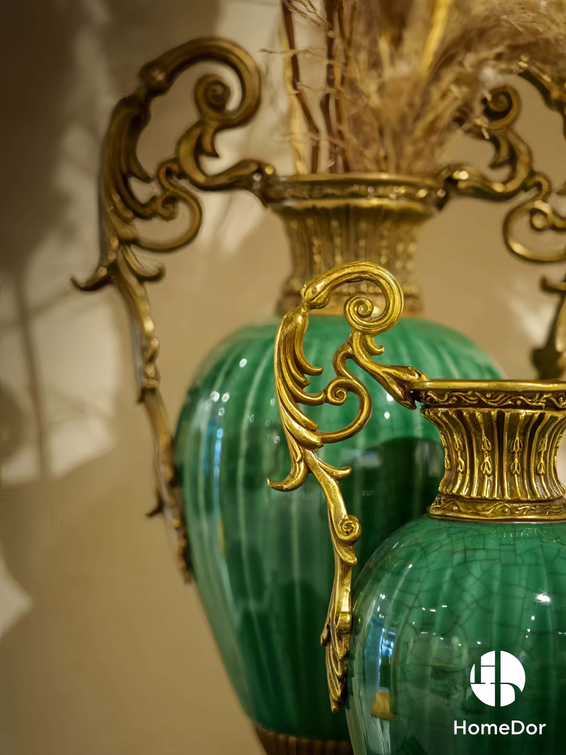 Artistic Lush Green Crackle Porcelain Table Decor Set with Brass Embellishments8