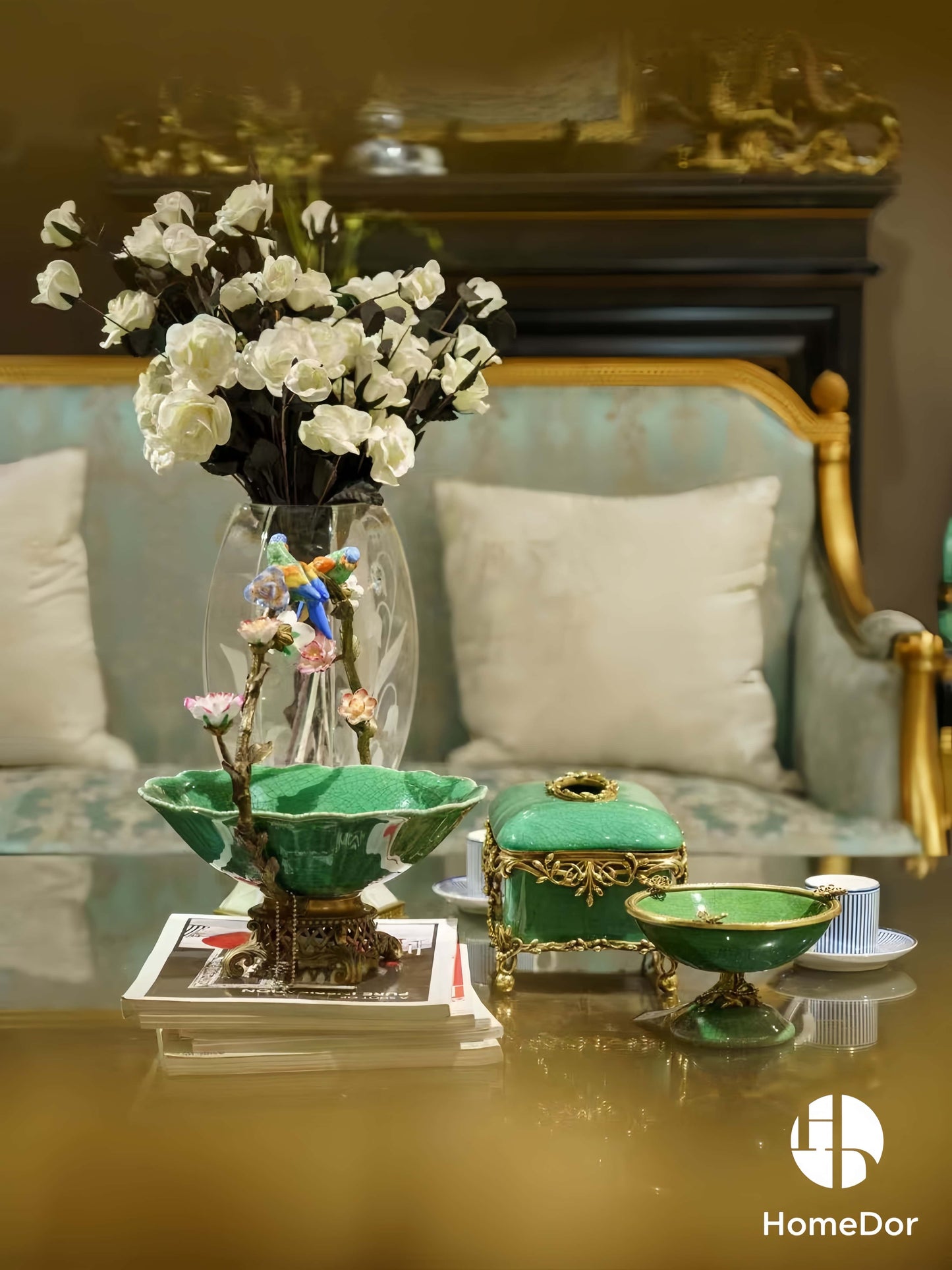 Artistic Lush Green Crackle Porcelain Table Decor Set with Brass Embellishments9