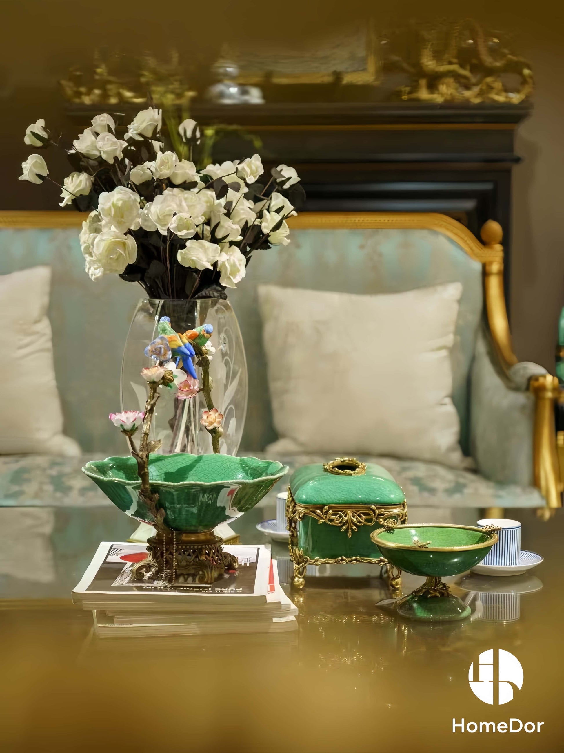 Artistic Lush Green Crackle Porcelain Table Decor Set with Brass Embellishments9