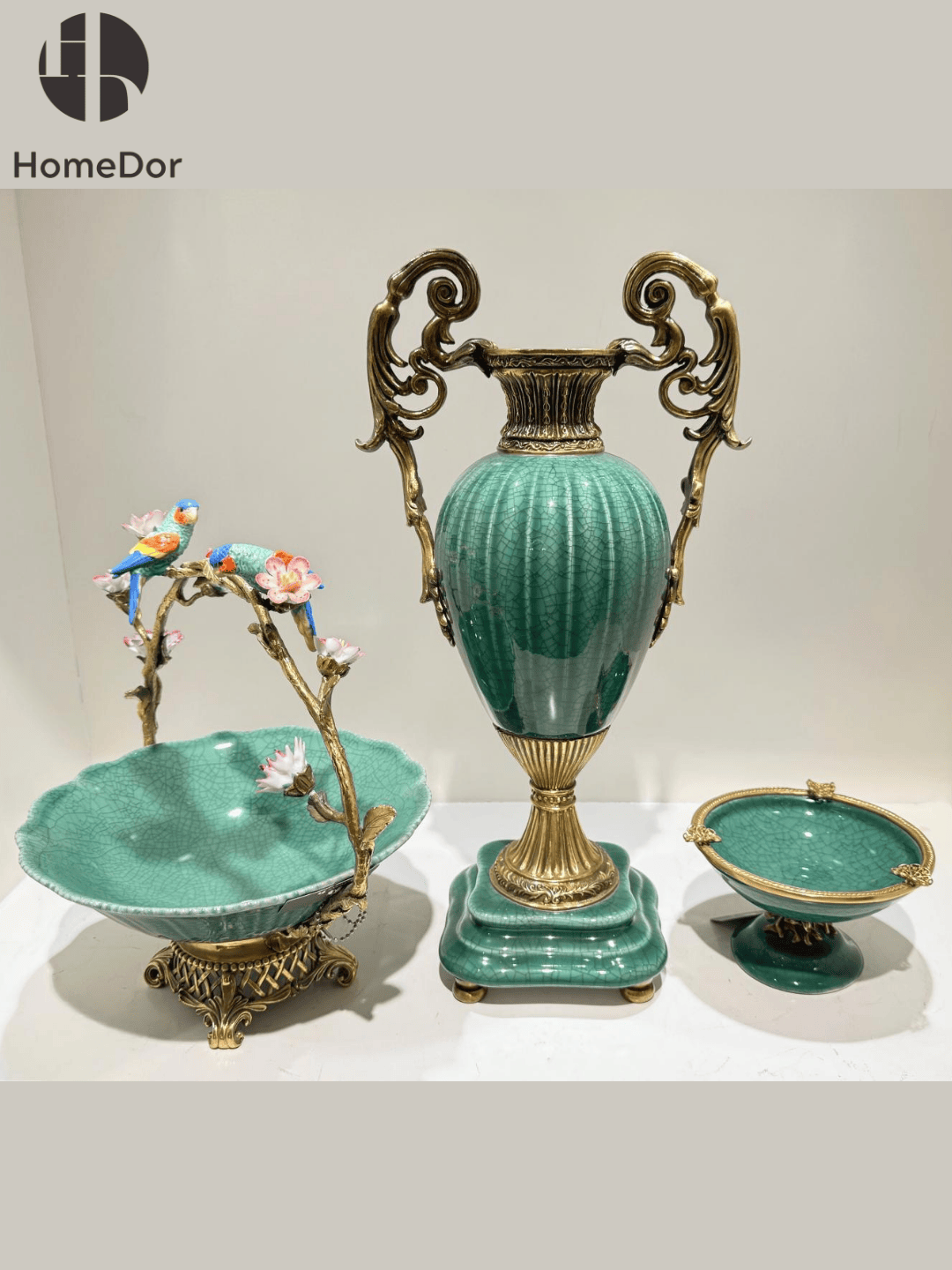 Artistic Lush Green Crackle Porcelain Table Decor Set with Brass Embellishments4