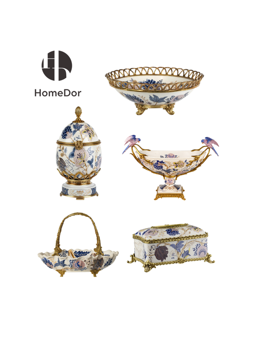 Artistic Pink Blue Porcelain & Lustrous Brass Elegance Table Decor Sets