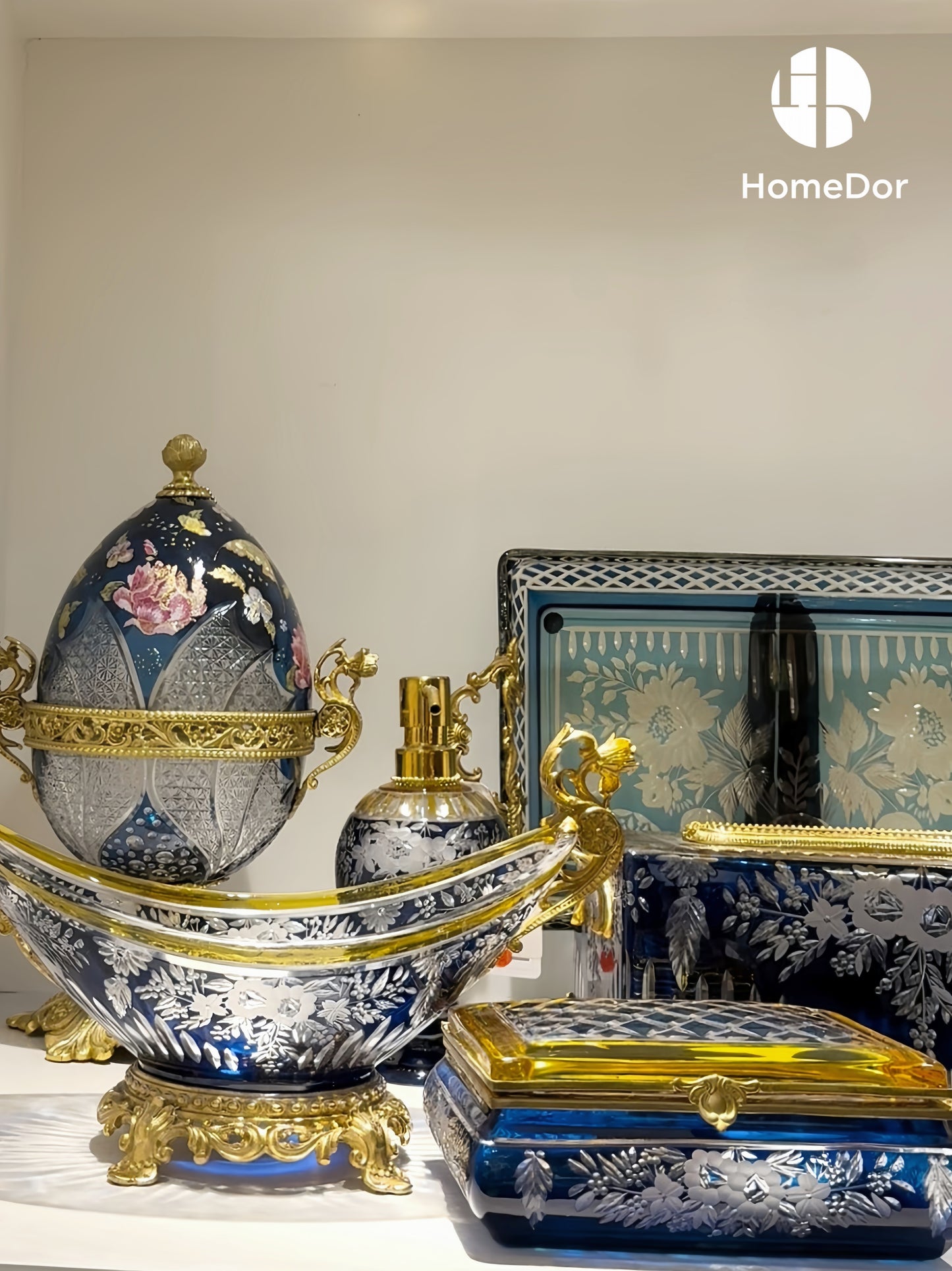  Aurora Glass Cobalt Blue & Sapphire Blue Etched Floral Set for Luxury Foyer Decor 