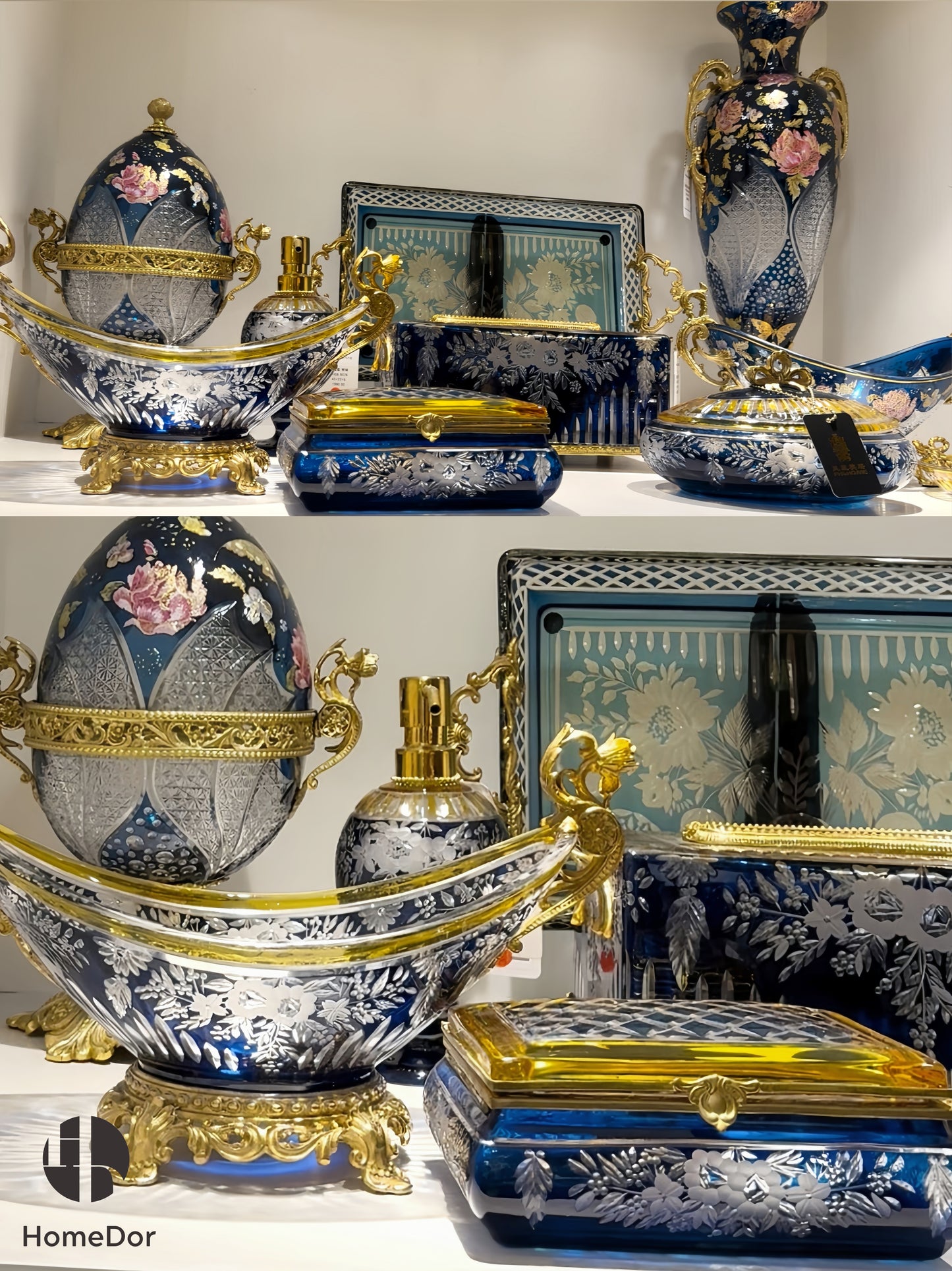 Handcrafted Aurora Glass Cobalt Blue & Sapphire Blue Etched Floral Set featuring brass carving and European Palace style detials. Perfect for luxury home decor, classical foyer, and villa interiors