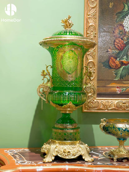 Urna con tapa de vidrio con grabado floral verde lima HomeDor Aurora
