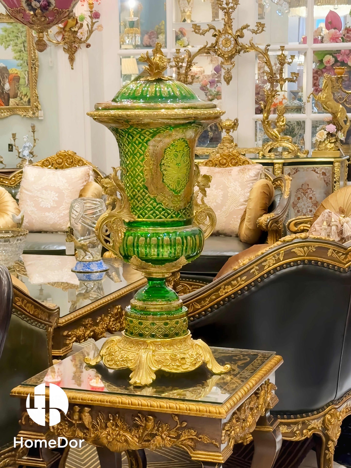 HomeDor × FH&Home | Aurora Glass Lime Green Etched Floral Lidded Urn