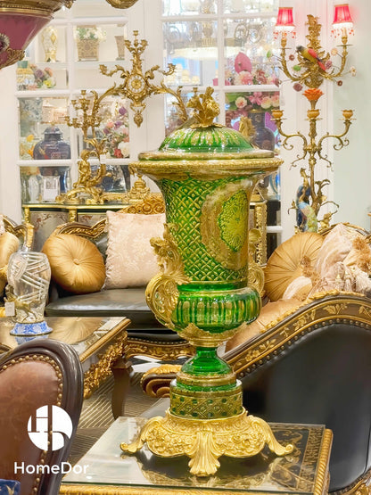 HomeDor × FH&Home | Aurora Glass Lime Green Etched Floral Lidded Urn