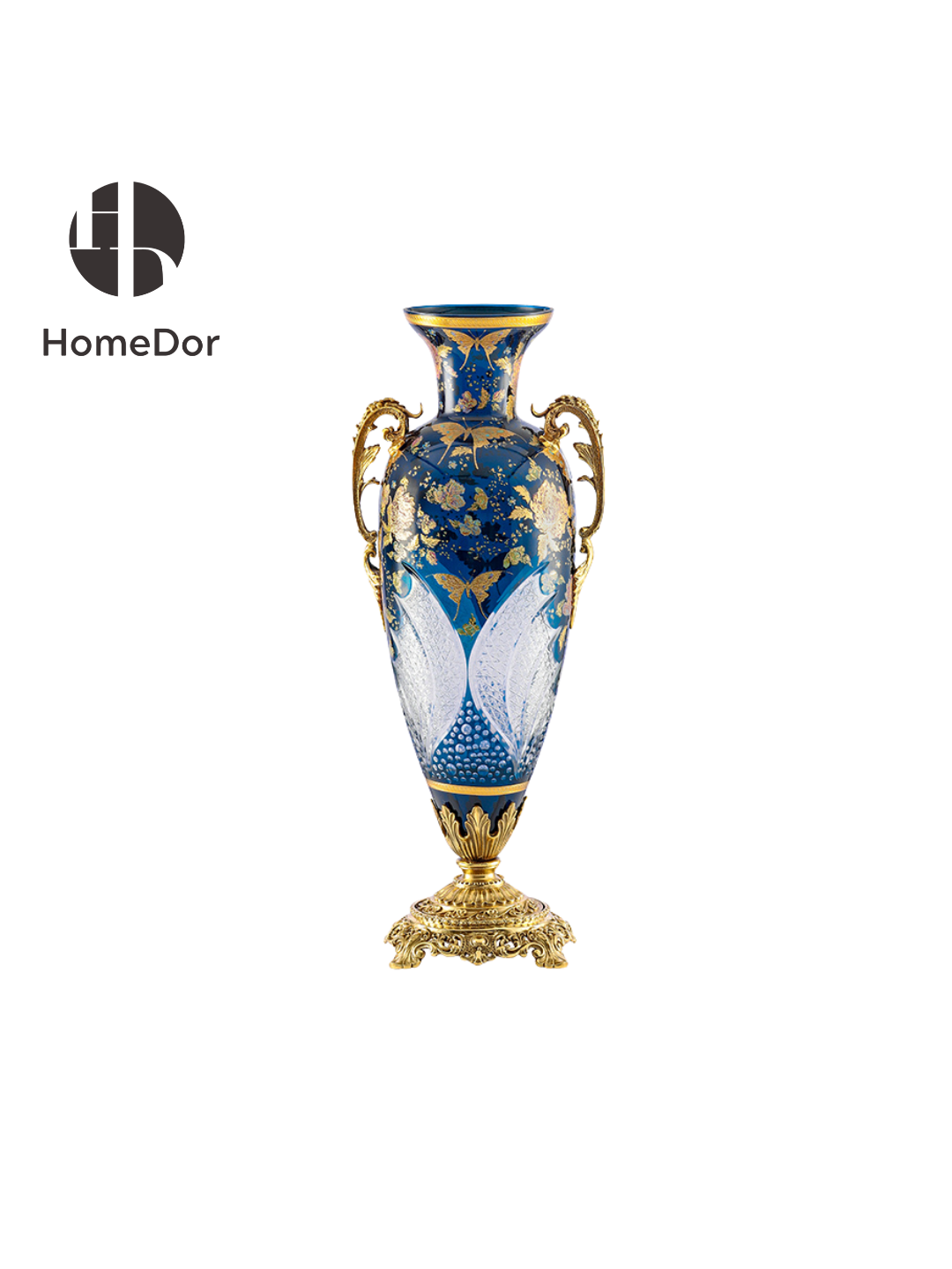 Comprising a monumental amphora, a decorative egg casket, a gondola centerpiece bowl, and a decorative casket, the ensemble transforms colored glass into a poetic celebration of nature and light. Deep sapphire-blue tones provide a dramatic backdrop for gilded peonies, delicate butterflies, and crystalline patterns that shimmer like dew beneath the night sky.