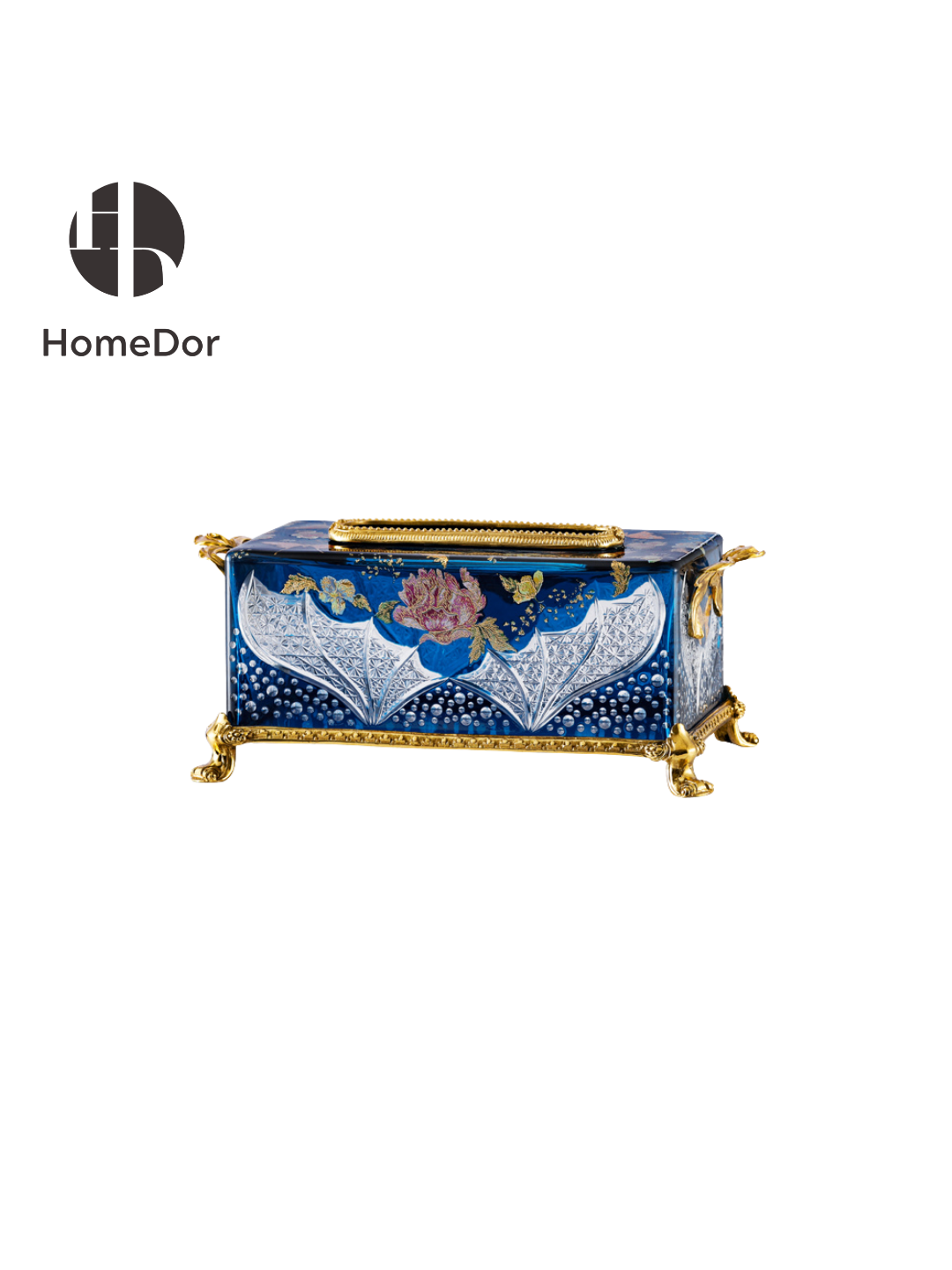 The Aurora Glass Midnight Garden Ensemble captures the enchantment of a garden after dusk, where moonlight glimmers upon blossoms and butterflies drift through the evening air.

Comprising a monumental amphora, a decorative egg casket, a gondola centerpiece bowl, and a decorative casket, the ensemble transforms colored glass into a poetic celebration of nature and light. Deep sapphire-blue tones provide a dramatic backdrop for gilded peonies, delicate butterflies, and crystalline patterns that shimmer like 