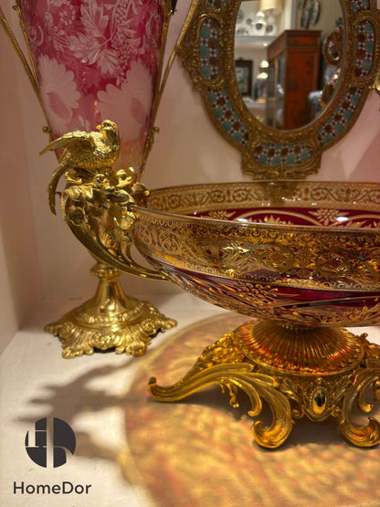 HomeDor Aurora Glass Ruby Etched Compote & Vase