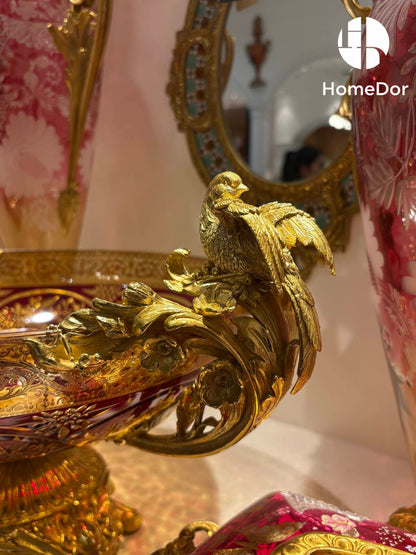 HomeDor Aurora Glass Ruby Etched Compote & Vase