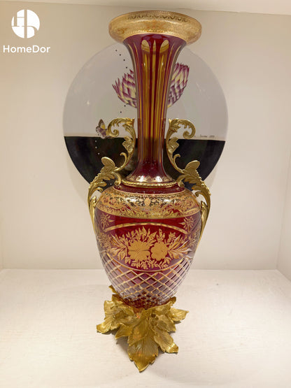 HomeDor Aurora Glass Ruby Etched Compote & Vase