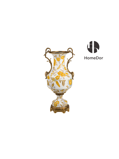 Autumn Hued  Ceramic & Brass Floral Bird Vase