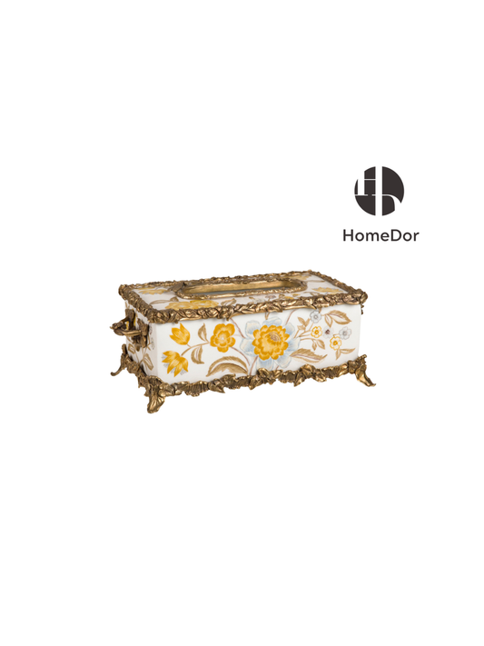 Autumn Hued | Ceramic & Brass Floral Tissue Box