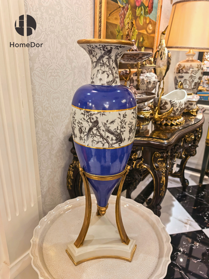Azure Chinoiserie Bird Toile Tripod Enamel Vase