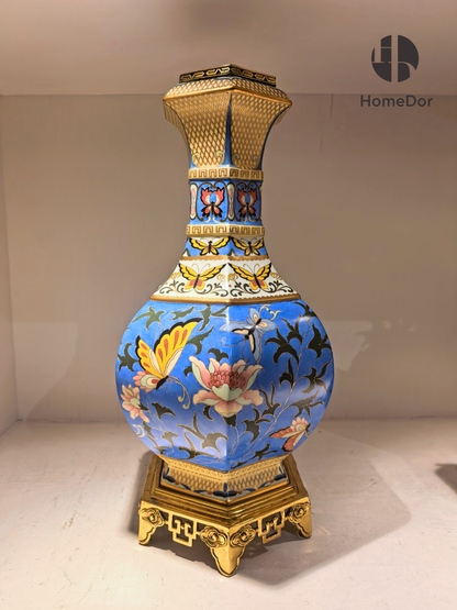 Azure Hex Chinoiserie Floral Papillon Enamel Vase