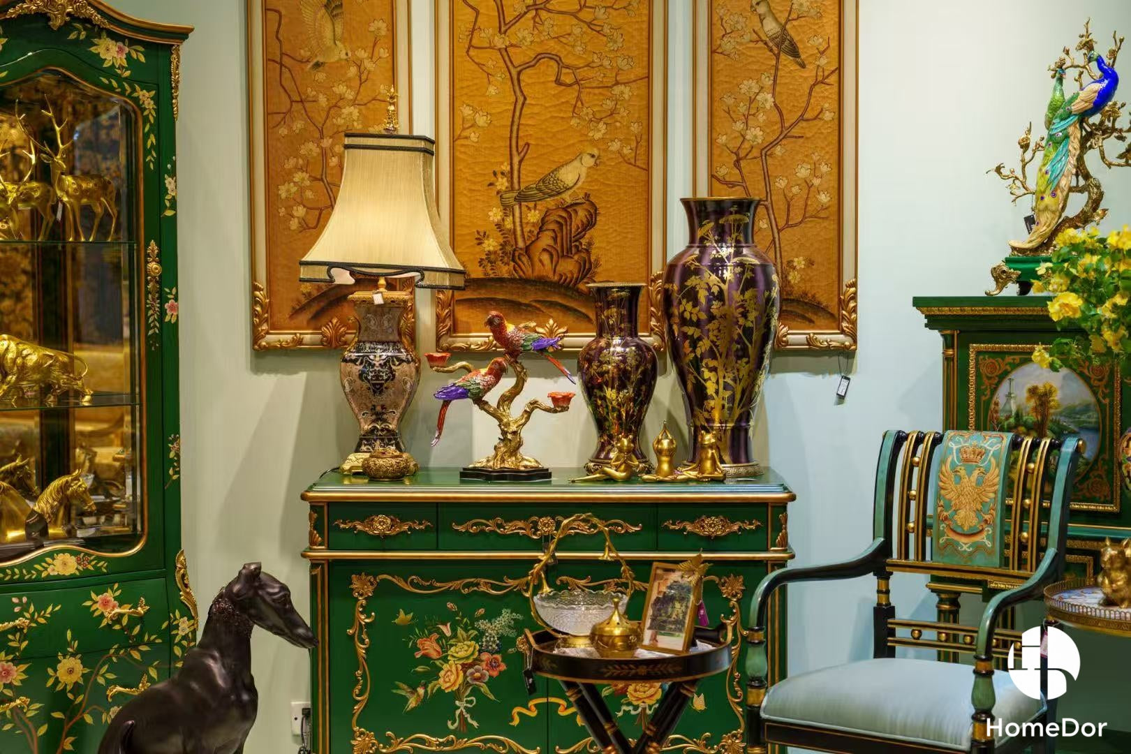 Black and Gold Floral Porcelain with Brass Accents Decor Set