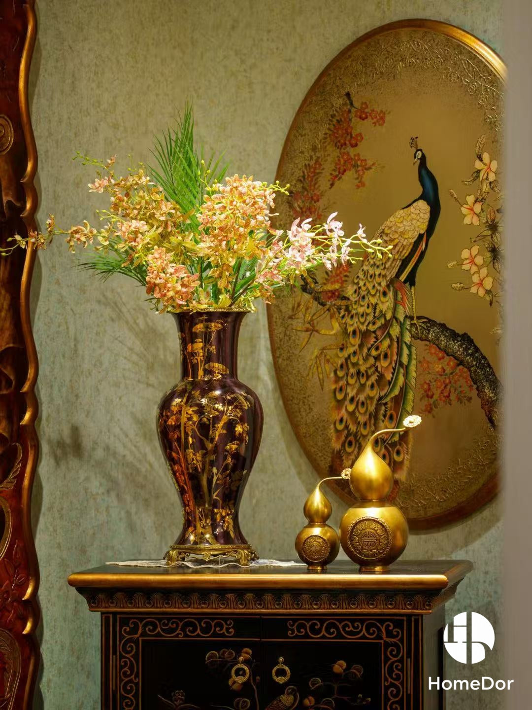 Black and Gold Floral Porcelain with Brass Accents Decor Set5