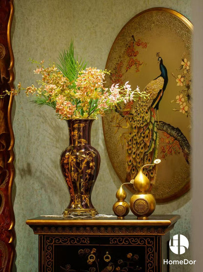 Black and Gold Floral Porcelain with Brass Accents Decor Set5
